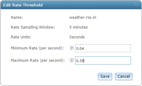 Edit the minimum and maximum rate thresholds for GeoEvent Services, inputs, and outputs. Edit the minimum and maximum rate thresholds for GeoEvent Services, inputs, and outputs.
